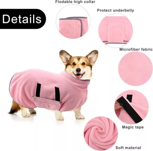 merkloos Dog Drying Coat, Dog Towel, Bathrobe for Small, Medium Dogs, Bathrobe, Super Absorbent Dog Drying Towel, Soft Adjustable Puppy Bathrobe After Shower (M/50cm, Pink) (7595980221130)