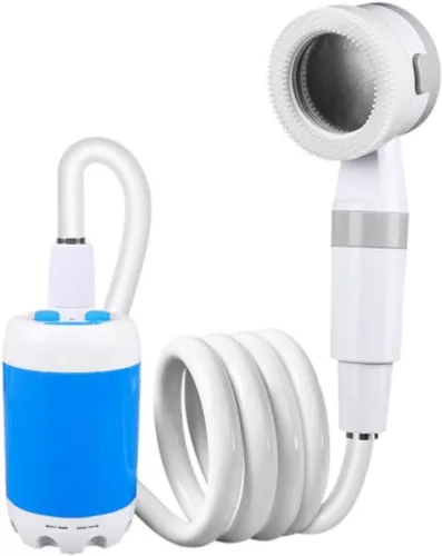 1 portable camping shower pump - Rechargeable outdoor shower head that pumps water from a bucket. Experience refreshing relief anywhere, perfect for camping, hiking, traveling, car washing, and pet cleaning.