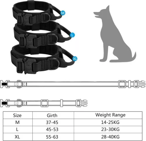 merkloos Tactical Dog Collar - Padded Breathable Soft Nylon Dog Collar - with Strong Metal Buckle - Adjustable Dog Collar - with Handle Tactical Dog Collar - for Medium and Large Dogs (XL) - Black (9903226211438)