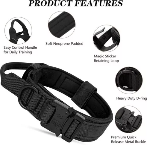 merkloos Tactical Dog Collar - Padded Breathable Soft Nylon Dog Collar - with Strong Metal Buckle - Adjustable Dog Collar - with Handle Tactical Dog Collar - for Medium and Large Dogs (XL) - Black (9903226211438)