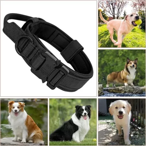 merkloos Tactical Dog Collar - Padded Breathable Soft Nylon Dog Collar - with Strong Metal Buckle - Adjustable Dog Collar - with Handle Tactical Dog Collar - for Medium and Large Dogs (XL) - Black (9903226211438)