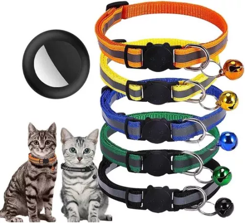 GPS Cat Collar with AirTag Holder, 5 Pack Reflective Anti-choke Collar with Bell, Customizable 18-32cm (Includes 1 AirTag Holder and 5 Cat Collars)