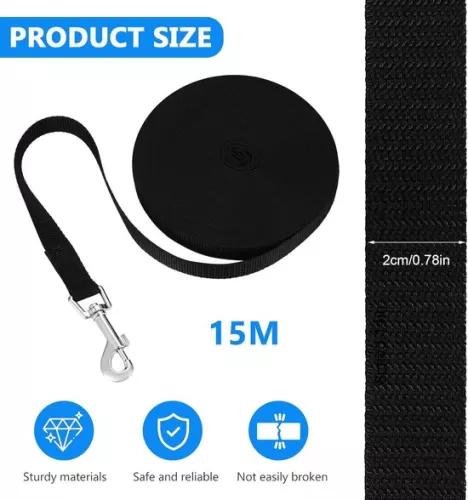 merkloos 15m Long Black Adjustable Heavy Duty Nylon Dog Leash for Medium and Small Large Dogs Training Walking. (6151830695608)