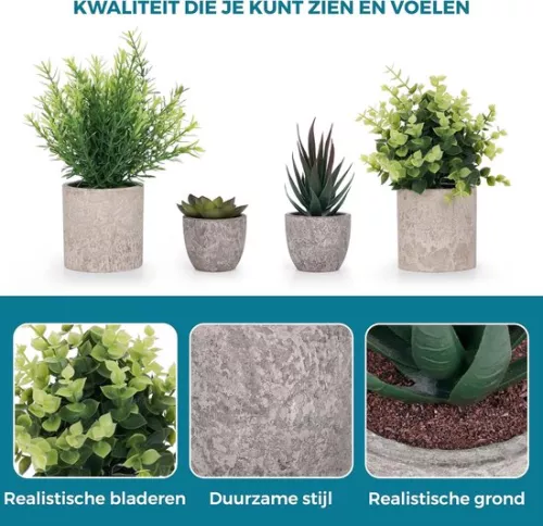 merkloos Small Green Artificial Plants (4 Pack) - Decorative Fake Plants for Indoor Pots in Bathroom and Office - Eucalyptus & Succulents (6152306147102)