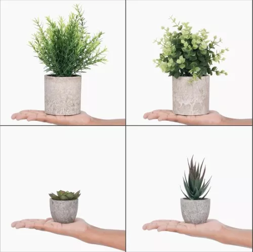 merkloos Small Green Artificial Plants (4 Pack) - Decorative Fake Plants for Indoor Pots in Bathroom and Office - Eucalyptus & Succulents (6152306147102)