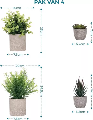 merkloos Small Green Artificial Plants (4 Pack) - Decorative Fake Plants for Indoor Pots in Bathroom and Office - Eucalyptus & Succulents (6152306147102)