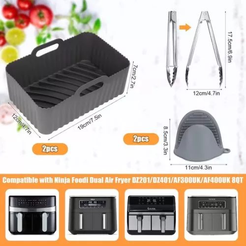 2 Pack Air Fryer Silicone Liners for Ninja Foodi Dual Air Fryer, Reusable Air Fryer Pot Food Grade Air Fryer Accessories Compatible with Ninja DZ201/DZ401, AF300UK/AF400UK