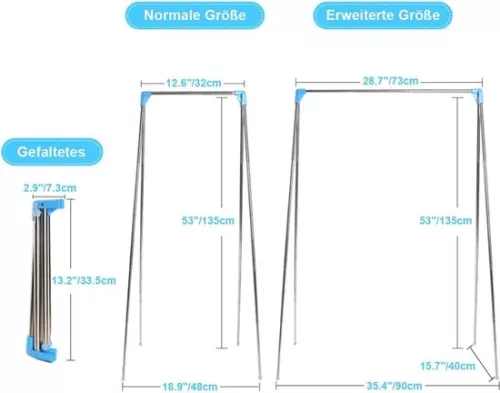 merkloos Clothes Rack Portable Clothes Stand Foldable Stable Small Clothes Rail to Take Along Lightweight Clothes Rack for Dancing Travel Camping Laundry Hiking Blue + 3 Space-Saving Hangers - Foldable Clothes Rack for Travel (6151000299247)