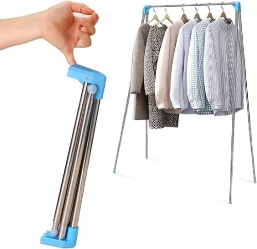 Clothes Rack Portable Clothes Stand Foldable Stable Small Clothes Rail to Take Along Lightweight Clothes Rack for Dancing Travel Camping Laundry Hiking Blue + 3 Space-Saving Hangers - Foldable Clothes Rack for Travel