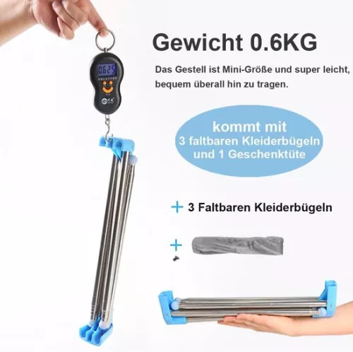 merkloos Clothes Rack Portable Clothes Stand Foldable Stable Small Clothes Rail to Take Along Lightweight Clothes Rack for Dancing Travel Camping Laundry Hiking Blue + 3 Space-Saving Hangers - Foldable Clothes Rack for Travel (6151000299247)