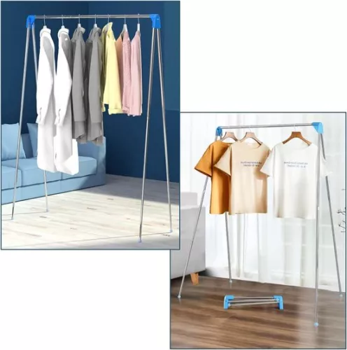 merkloos Clothes Rack Portable Clothes Stand Foldable Stable Small Clothes Rail to Take Along Lightweight Clothes Rack for Dancing Travel Camping Laundry Hiking Blue + 3 Space-Saving Hangers - Foldable Clothes Rack for Travel (6151000299247)
