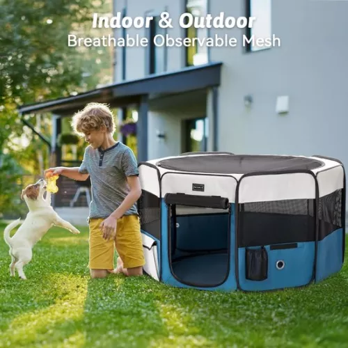 merkloos Foldable puppy pen - dog run for small animals - gray/blue - 92 x 84 x 53 cm (9502263584873)