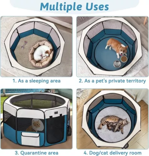 merkloos Foldable puppy pen - dog run for small animals - gray/blue - 92 x 84 x 53 cm (9502263584873)