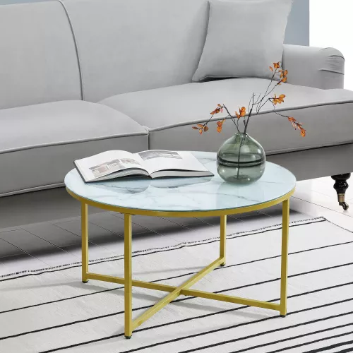In And OutdoorMatch In And OutdoorMatch Coffee Table Marcelle - 45xØ80 cm - Marble Look White and Gold - Steel and Chipboard - Modern Design (69509)