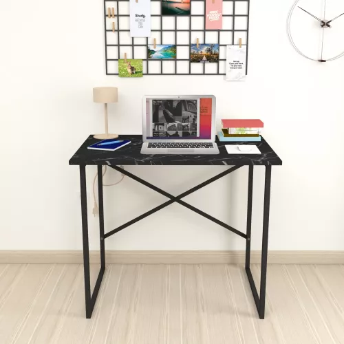 In And OutdoorMatch In And OutdoorMatch Bureau Mason - 75x90x60 cm - Marmer Zwart - Spaanplaat en Metaal - Stabiel Stalen Frame - Modern Design (69862)