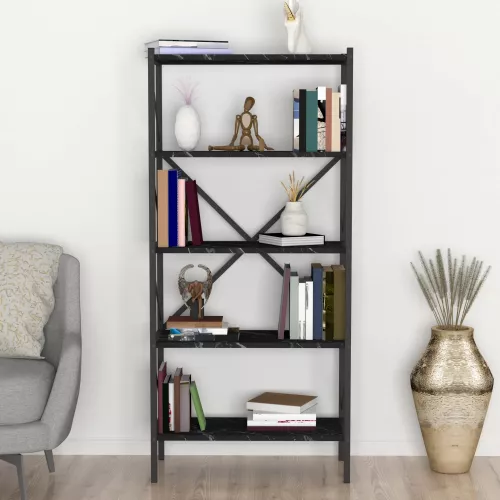 In And OutdoorMatch In And OutdoorMatch Bookcase Shelf Leonard - 160x66x34cm - Marble Black and Anthracite - Chipboard and Metal - With Shelves - Modern Design (69868)