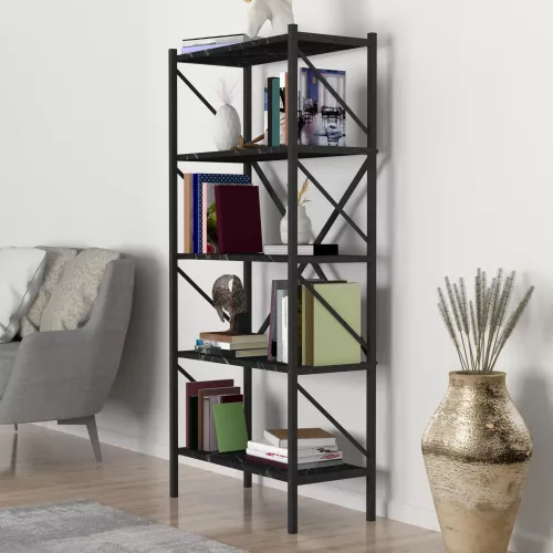 In And OutdoorMatch In And OutdoorMatch Bookcase Shelf Leonard - 160x66x34cm - Marble Black and Anthracite - Chipboard and Metal - With Shelves - Modern Design (69868)