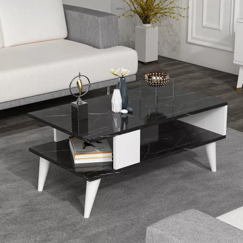 In And OutdoorMatch In And OutdoorMatch Stylish Coffee Table Apsei - 40x90x45 cm - White and Marble Black - Wood - Chipboard - Modern Design (69999)