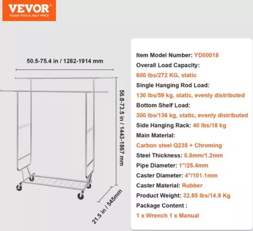 merkloos Roll-up clothes rack coat rack 2 clothes rails, adjustable 1282-1914 mm / 1443-1867 mm (L/H), freestanding steel clothes rack 59 + 136 kg load capacity, heavy duty silver (6097718795704)