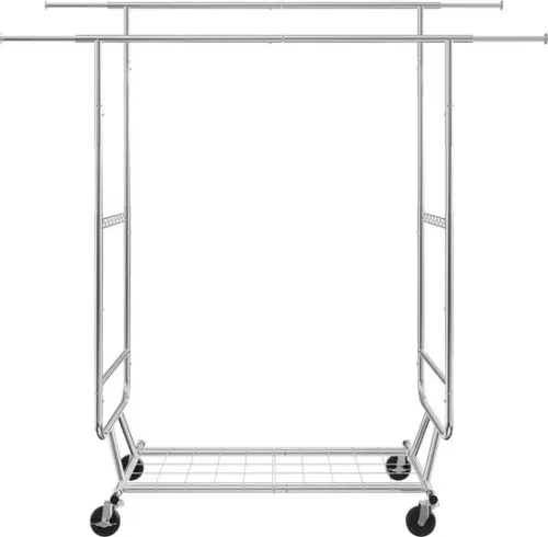 merkloos Roll-up clothes rack coat rack 2 clothes rails, adjustable 1282-1914 mm / 1443-1867 mm (L/H), freestanding steel clothes rack 59 + 136 kg load capacity, heavy duty silver (6097718795704)