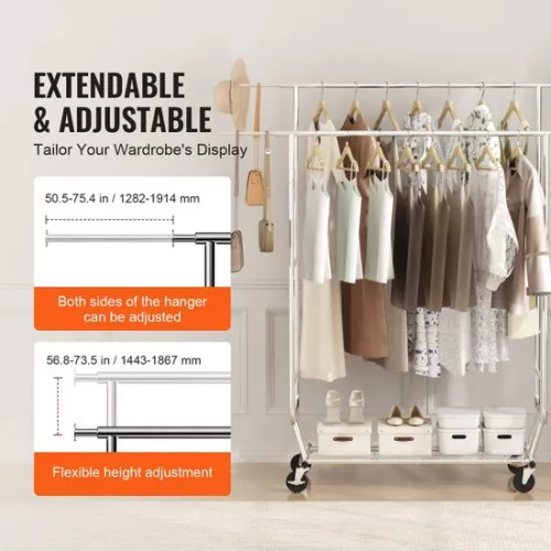 merkloos Roll-up clothes rack coat rack 2 clothes rails, adjustable 1282-1914 mm / 1443-1867 mm (L/H), freestanding steel clothes rack 59 + 136 kg load capacity, heavy duty silver (6097718795704)