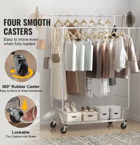 merkloos Roll-up clothes rack coat rack 2 clothes rails, adjustable 1282-1914 mm / 1443-1867 mm (L/H), freestanding steel clothes rack 59 + 136 kg load capacity, heavy duty silver (6097718795704)