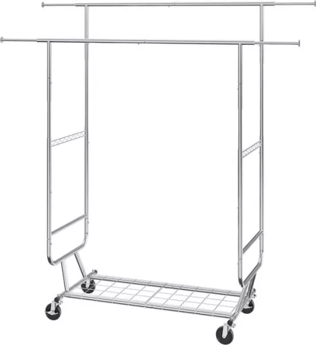 merkloos Roll-up clothes rack coat rack 2 clothes rails, adjustable 1282-1914 mm / 1443-1867 mm (L/H), freestanding steel clothes rack 59 + 136 kg load capacity, heavy duty silver (6097718795704)