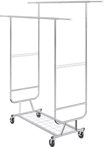 merkloos Roll-up clothes rack coat rack 2 clothes rails, adjustable 1282-1914 mm / 1443-1867 mm (L/H), freestanding steel clothes rack 59 + 136 kg load capacity, heavy duty silver (6097718795704)