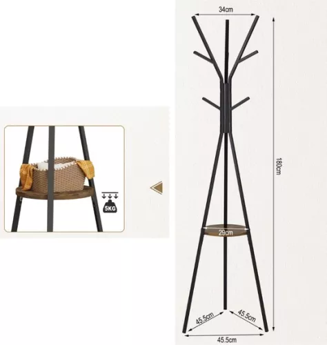 KAMYRA Kamyra® Standing Coat Rack - Coat Rack with 9 Hooks - Living Room, Hallway, Bedroom - Black - 45.5 x 45.5 x 180 cm (6095510541598)
