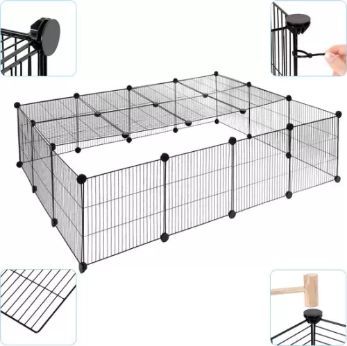 KAMYRA Indoor Puppy Run / Rabbit Run - Run for Dogs, Cats & Rabbits - Cat Run - Plastic & Metal - 147x111x37 cm - Black (6095524084050)