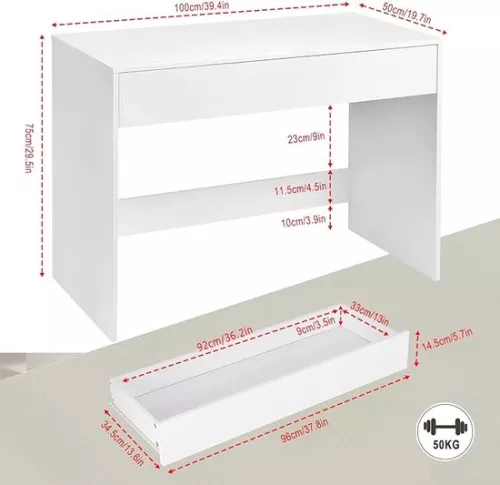 unbranded 100 cm desk with drawer, suitable as computer desk, dressing table or work table for home or small office. Colour: white. (5487569821706)