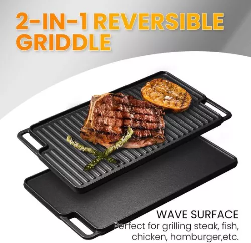 merkloos Grill pan for induction hobs and gas hobs - Teppanyaki plate with side handles - 459 x 259 x 17 cm - Cast iron - 1 pack (8785304461499)