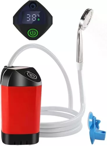 Camping Shower Kit Rechargeable - Electric Beach Shower - Outdoor Shower Pump with Smart Digital Display - Shower Head Nozzle for Camping - Outdoor Shower - Hiking, Travel, Washing - Red