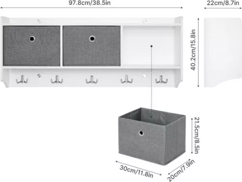 merkloos Coat Rack Shelf Storage Unit Wall Mounted Baskets Hooks Wooden Modern Style Hall Living Room W98 x H40 x D22 cm White Coat Rack (9504666288464)