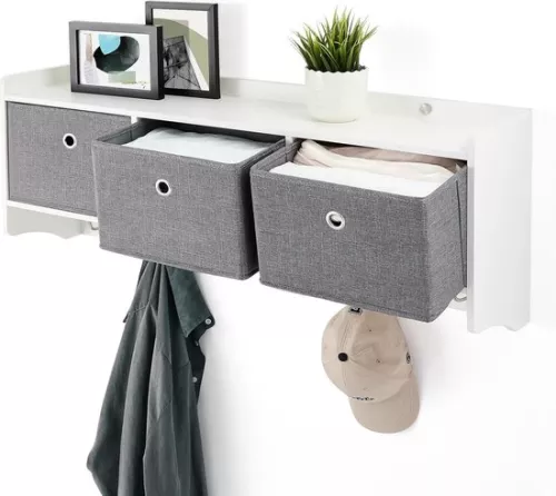 merkloos Coat Rack Shelf Storage Unit Wall Mounted Baskets Hooks Wooden Modern Style Hall Living Room W98 x H40 x D22 cm White Coat Rack (9504666288464)