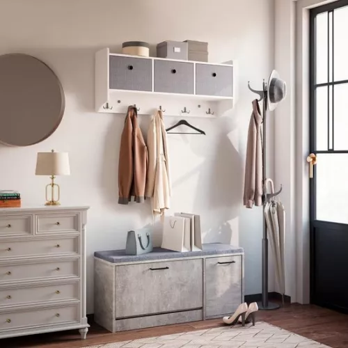 merkloos Coat Rack Shelf Storage Unit Wall Mounted Baskets Hooks Wooden Modern Style Hall Living Room W98 x H40 x D22 cm White Coat Rack (9504666288464)