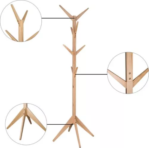 Dripio Wooden coat rack - standing model - classic & sturdy - with 8 hooks - natural beige finish - 180 cm high (8721041507656)