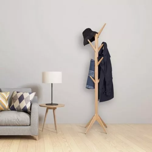 Dripio Wooden coat rack - standing model - classic & sturdy - with 8 hooks - natural beige finish - 180 cm high (8721041507656)